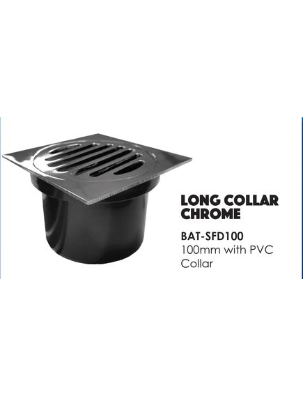 BAT Square Floor Drain PVC Long Collar Chrome 100mm - Tradie Cart